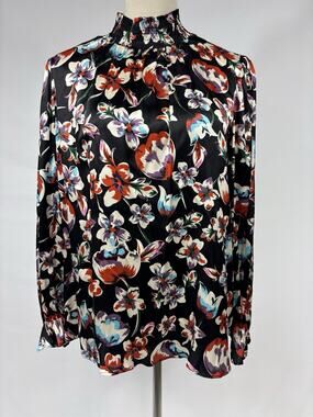Tucker NYC Stella High Neck Silk Top Black Bright Floral Print Medium